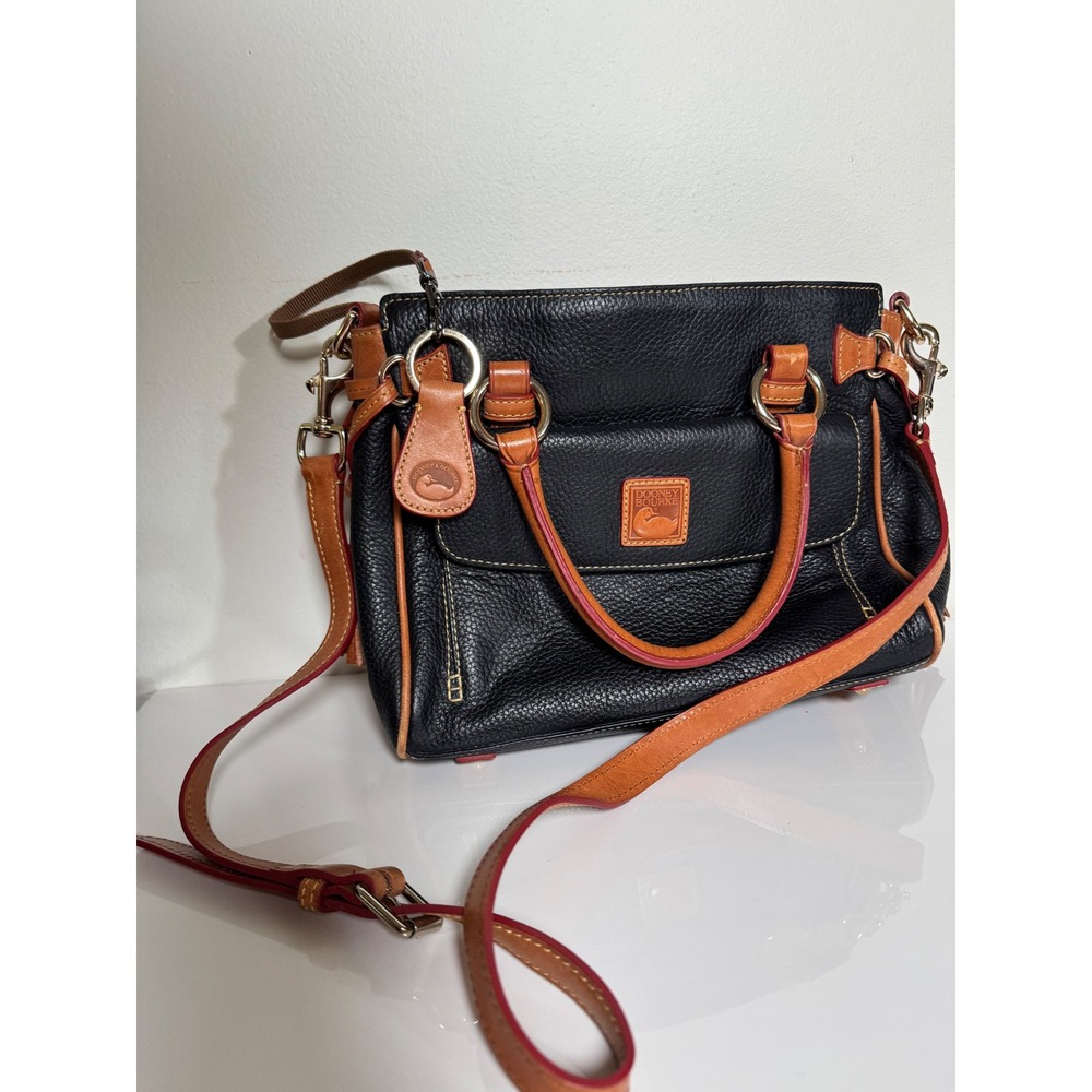 Dooney & Bourke Pebble Grain Leather Satchel Black Tan Crossbody Bag‎ Tassel